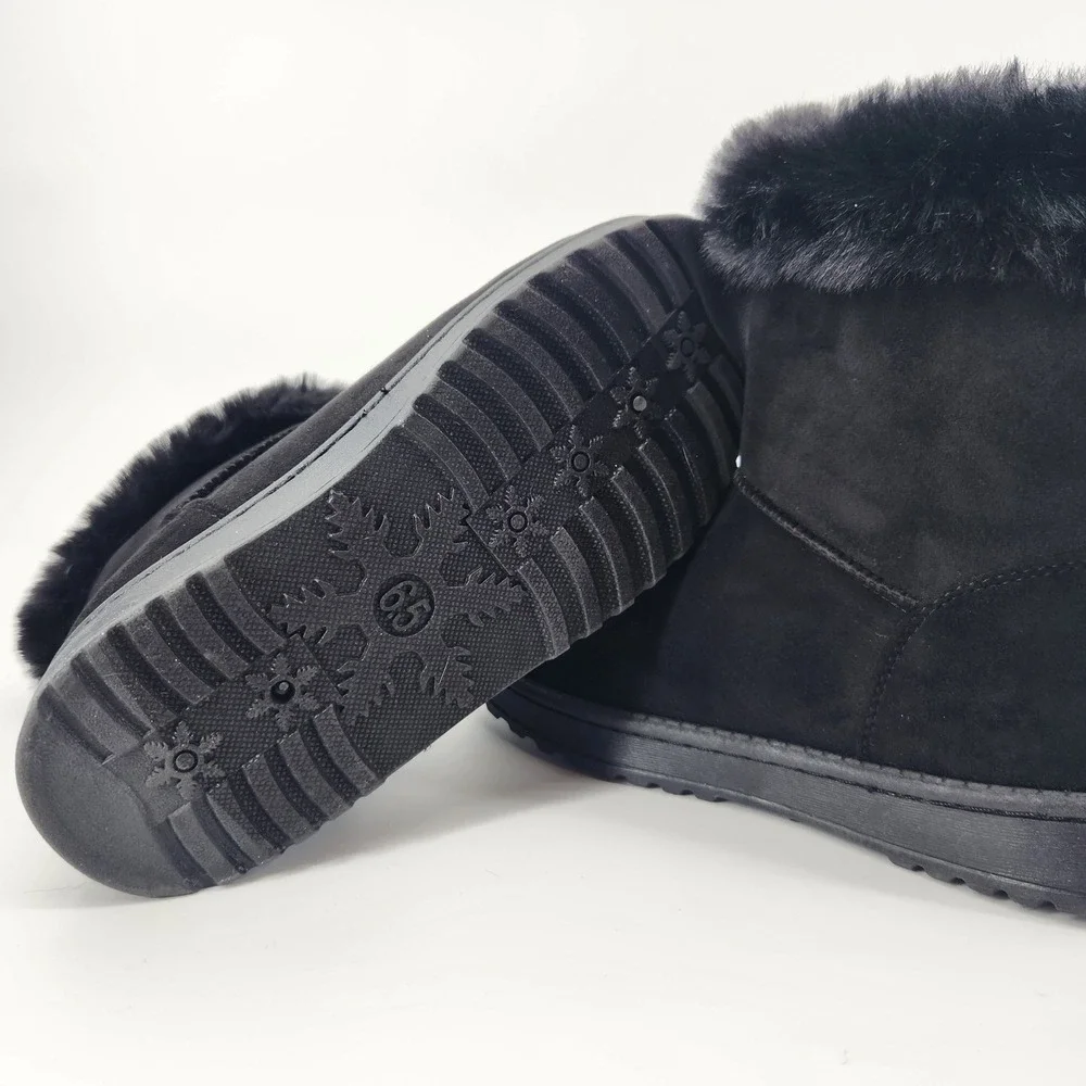 Paulina Womens Black Faux Suede Fur Trim Winter‎ Boots Mid Calf Slip On